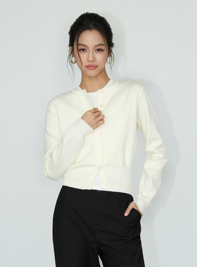 NEVA HU黑色长袖针织开衫女春秋毛织外套复古圆领气质短款上衣