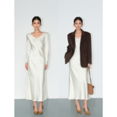 佛朗明戈 优雅气质v领缎面长袖 NEVA 连衣裙女修身 吊带裙两件套