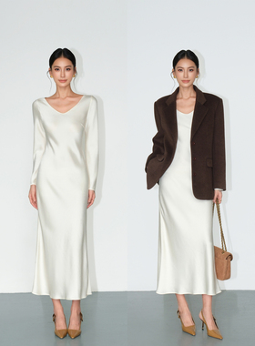 NEVA HU 佛朗明戈 优雅气质v领缎面长袖连衣裙女修身吊带裙两件套