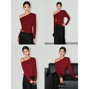 气质斜肩长袖 一眼心动 T恤女设计感侧边抽绳收腰露肩上衣 NEVA