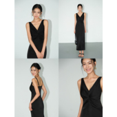 HU黑色法式 V领背心无袖 连衣裙女夏季 NEVA 新款 收腰小黑裙气质长裙