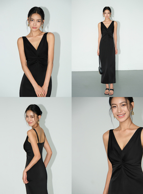 NEVA HU黑色法式V领连衣裙女2025夏季新款收腰小黑裙气质长裙