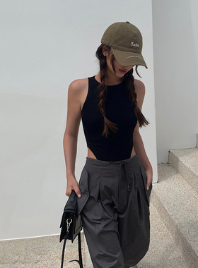 NEVA HU黑色连体吊带背心女外穿2025夏季新款设计感修身内搭上衣