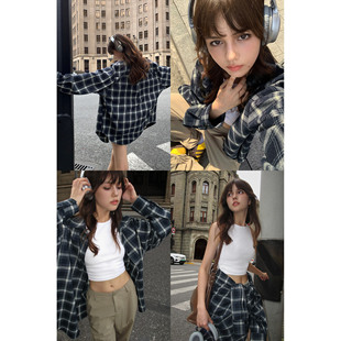 女设计感韩版 NEVA 衬衫 复古格子长袖 宽松休闲bf衬衣外搭上衣