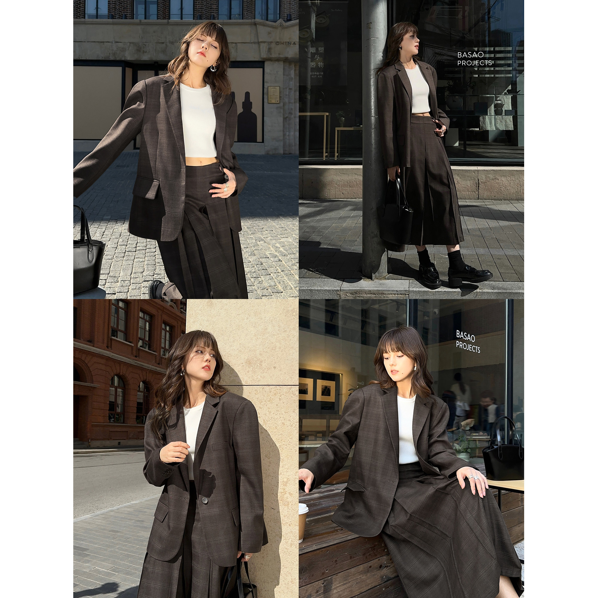 NEVA HU【现货7折】格子休闲夹棉西装外套女新款韩版长袖小西服