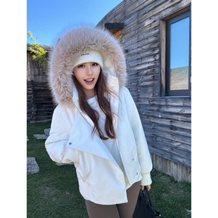 NEVA HU 暮色黑简 毛领连帽短款羽绒服女设计感派克收腰羽绒外套