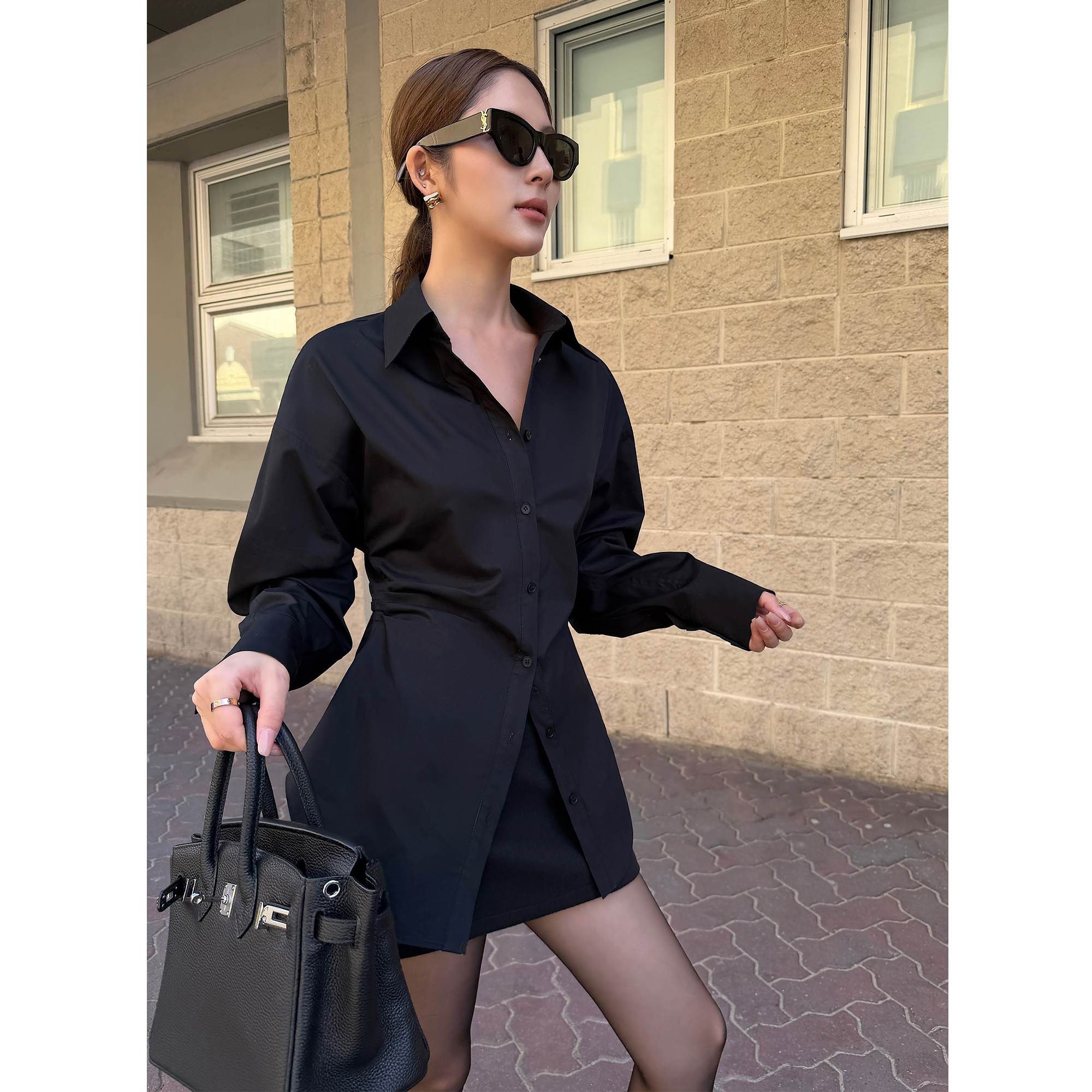 NEVA HU 时尚基石 设计感翻领长袖衬衫女高级气质显瘦收腰衬衣