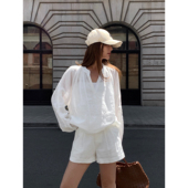 HU老钱风苎麻长袖 套装 衬衫 薄款 NEVA 上衣短裤 女夏季 宽松v领防晒衫