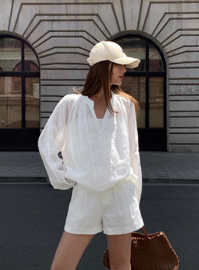 NEVA HU老钱风苎麻长袖衬衫女夏季薄款宽松v领防晒衫上衣短裤套装