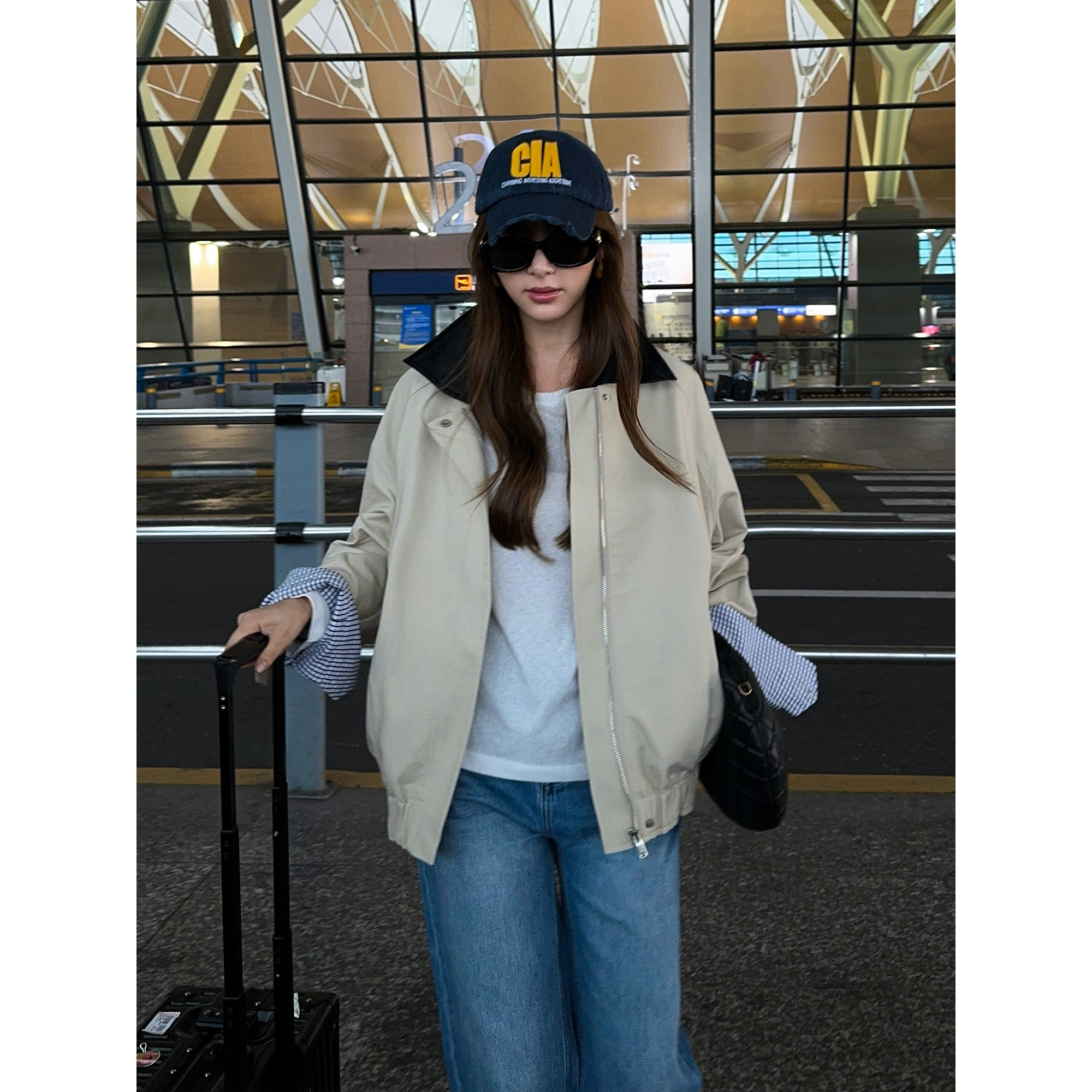 NEVA HU 黄昏手稿廓 巴恩风撞色翻领工装外套女夹棉复古廓形夹克