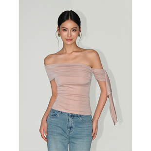 NEVA HU 巴尔蒙夜宴 斜肩不对称短袖T恤女设计感小众露肩醋酸上衣