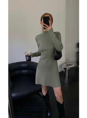 NEVA HU黑色中高领修身针织连衣裙女2024秋冬新款显瘦内搭包臀裙