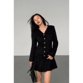 现货7折 V领毛呢小香风连衣裙女高级感修身 NEVA 百褶裙短款