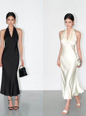 NEVA HU 高级感缎面v领挂脖连衣裙女黑色法式露背无袖气质背心裙