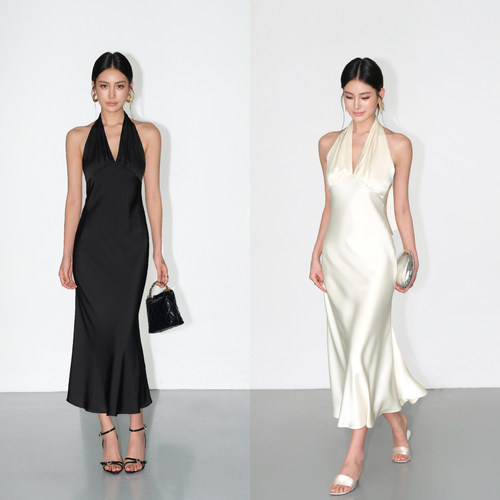 NEVA HU 高级感缎面v领挂脖连衣裙女黑色法式露背无袖气质背心裙