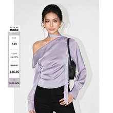 NEVA HU 高级感缎面斜肩长袖衬衫女露肩设计感气质飘带短款上衣