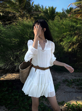 NEVA HU法式白色衬衫连衣裙女度假风夏季新款宽松长袖小个子短裙