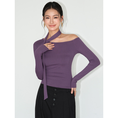 斜肩修身长袖t恤短款针织上衣