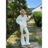 松弛老钱 慵懒v领毛衣女气质宽松针织上衣微喇休闲裤 NEVA 套装