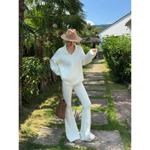 NEVA HU 松弛老钱 慵懒v领毛衣女气质宽松针织上衣微喇休闲裤套装