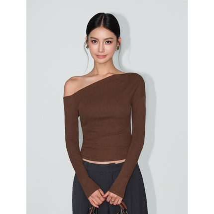 NEVA HU 秋日赴约 斜肩长袖针织t恤女露肩设计感内搭打底衫上衣