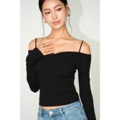 露肩短款 NEVA 上衣 设计感修身 长袖 HU黑色一字肩针织打底衫 女秋季