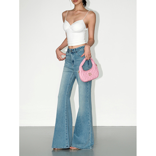 NEVA HU 美式复古微喇牛仔裤女夏高腰宽松直筒喇叭裤阔腿拖地长裤