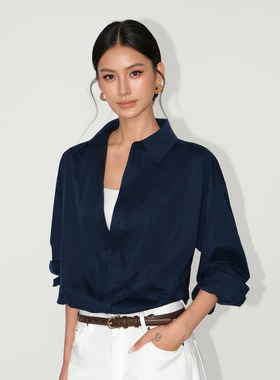 NEVA HU 格调派对 藏蓝色长袖衬衫女慵懒风衬衣休闲宽松外套上衣