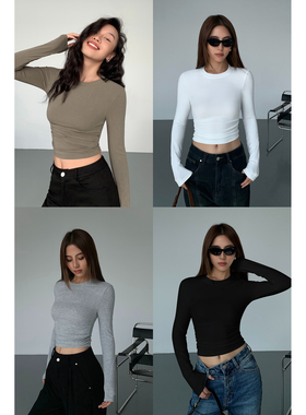 NEVA HU黑色长袖紧身t恤打底衫女韩版设计感小众修身显瘦短款上衣