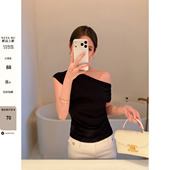 韩系斜领褶皱短袖 小众视觉 T恤女设计感气质收腰露肩上衣 NEVA