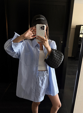 NEVA HU  蓝色条纹衬衫宽松简约休闲长袖衬衣+阔腿休闲短裤套装女