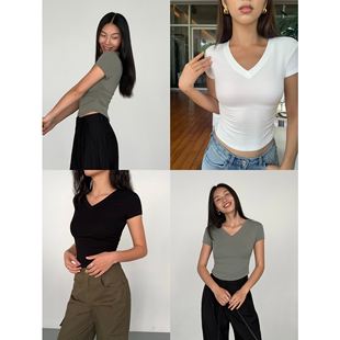 V领短袖 正肩t恤女夏季 新款 NEVA 短款 现货7折 修身 气质上衣