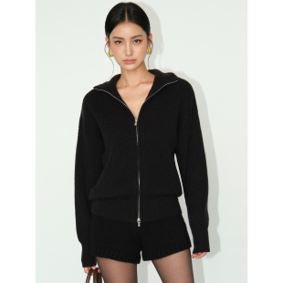 百搭高领慵懒风针织开衫 NEVA HU黑色翻领拉链毛衣外套女2024冬季