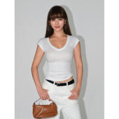 修身 NEVA 气质上衣 t恤女紧身大v领小飞袖 短款 白色桃心领短袖