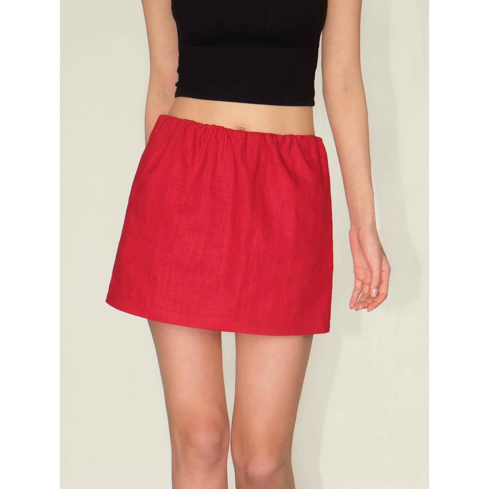 NEVA HU 松弛主义家 红色苎麻包臀半身裙女松紧腰防走光气质短裙