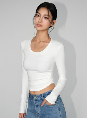 NEVA HU黑色U领长袖针织打底衫女2025秋季修身显瘦百搭短款上衣