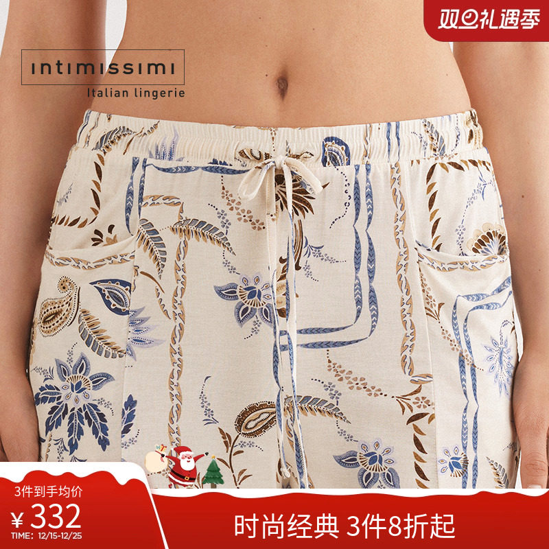 复古印花宽松抽绳睡裤短裤