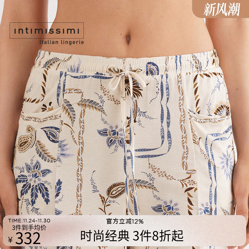 复古印花宽松抽绳睡裤短裤