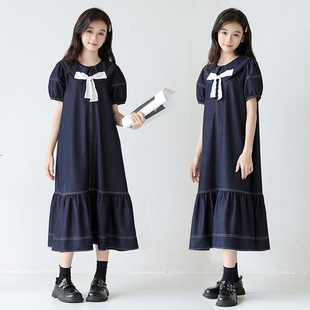 女童薄款牛仔裙子夏季娃娃领复古长裙2026新款儿童小女孩连衣裙