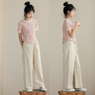 ins亮色条纹短袖t恤女童夏季修身弧形下摆上衣纯棉休闲裤长裤套装