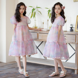 女童泡泡袖短袖连衣裙夏季2024新款中大童欧根纱彩虹公主网纱裙子