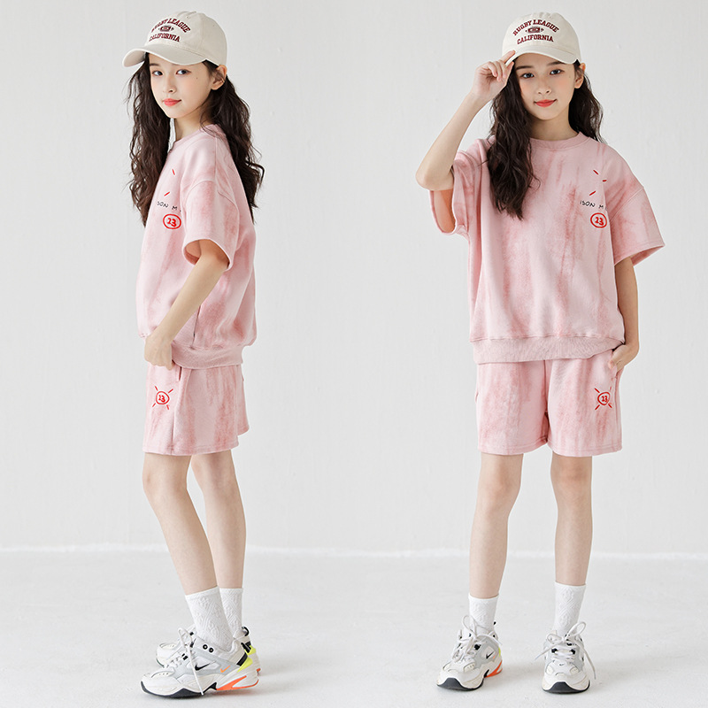 夏季新款女童晕染短袖短裤休闲运动套装时尚中大童字母两件套