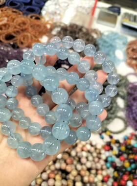 海蓝宝手链女冰种魔鬼蓝海蓝宝原石单圈散珠蓝色珠子单圈串珠手串