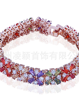 欧美彩色锆石手链女七彩玫瑰金手镯精品ins小众森系韩版手饰品潮