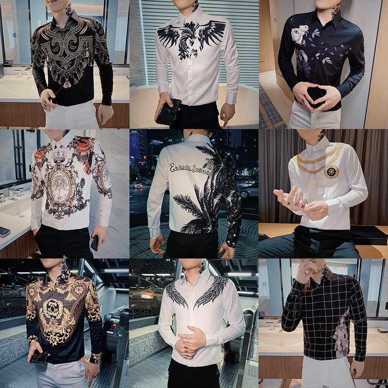 网红社会个性印花衬衫男五分中袖潮流痞帅冰丝衬衣精神小伙上衣服