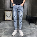 2021破洞九分牛仔裤春新款休闲小脚裤男韩版破洞牛仔208#，男装牛仔裤，星座905