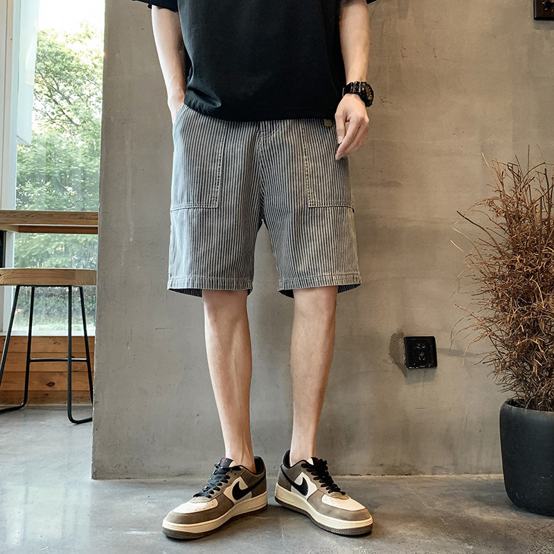 夏款条纹牛仔短裤宽松直筒潮百搭高街五分中裤K168#P45-控68图片