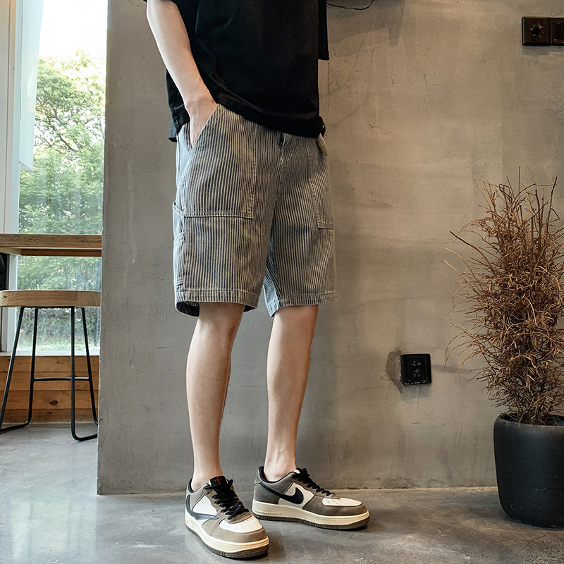 夏款条纹牛仔短裤宽松直筒潮百搭高街五分中裤K168#P45-控68,男装牛仔裤,星座905