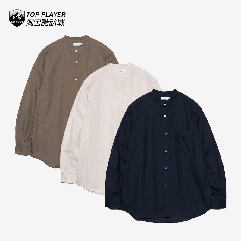 NANAMICA Band Collar Panama 纯色透气纽扣小圆领无领长袖衬衫