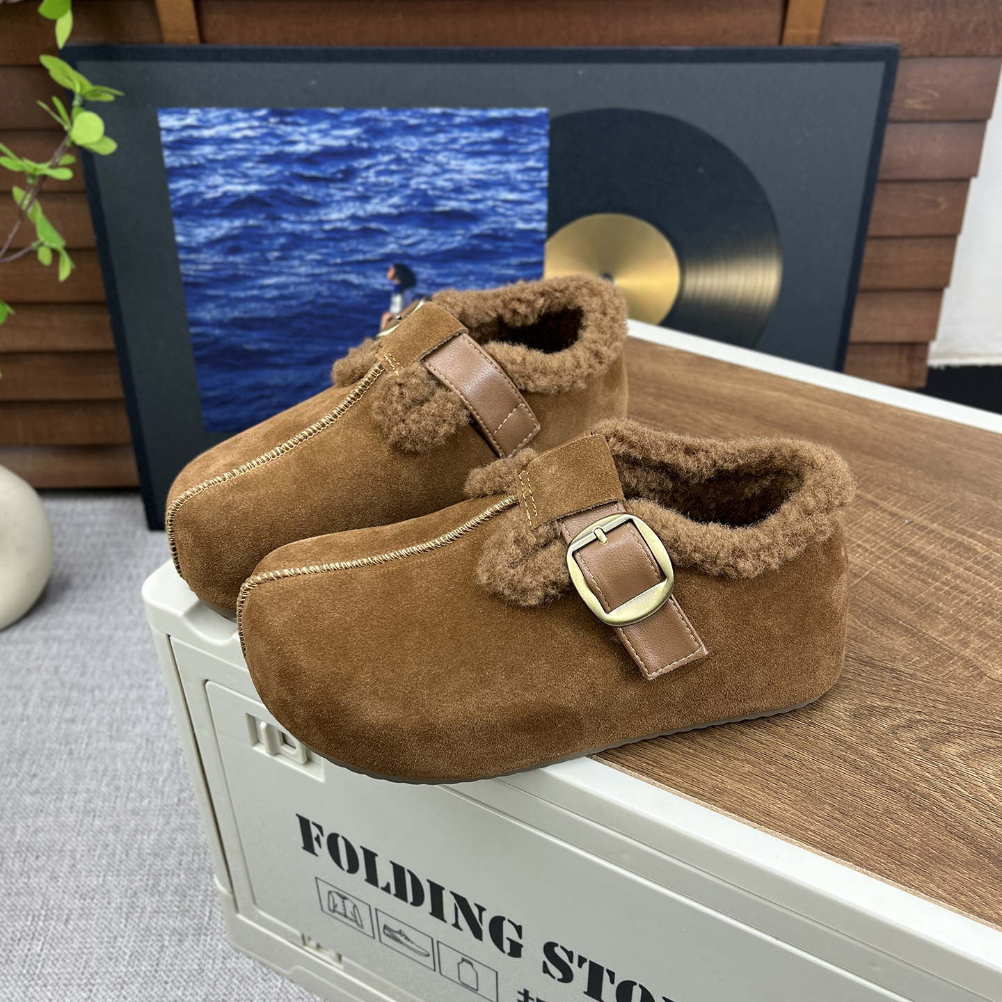 复古厚底羊毛加绒皮带扣勃肯鞋女